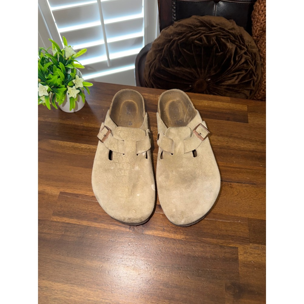 Birkenstock Boston Suede Clogs Taupe Tan Buckle Slip On Shoes Mens 7 Womens 9 40 - Picture 2 of 10